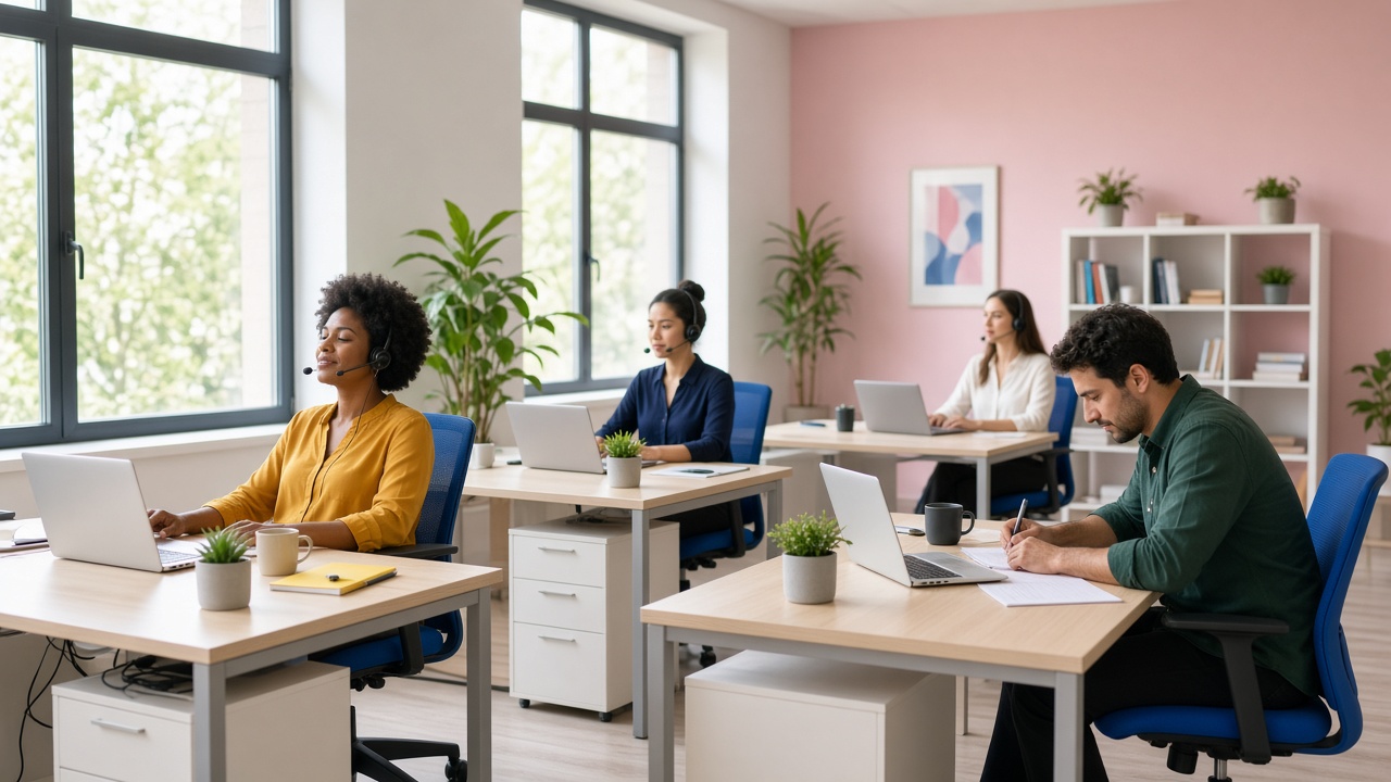 Recruiters working through screens at a bright open office